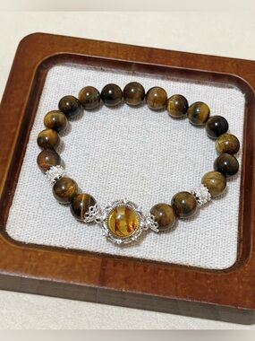 Handmade Flower Amber Charm Handmade Natural Tiger Eye Stone Bead Bracelet 9mm